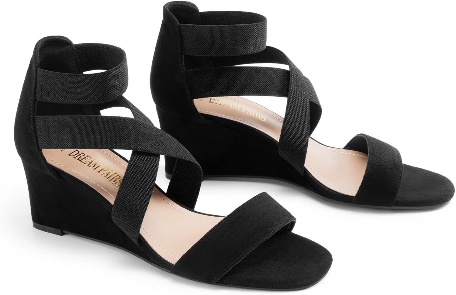 image:imageDREAM PAIRS Womens Elastic Ankle Strap Low Wedge Sandals Comfortable Dressy Heels for Summer Formal and Special OccasionsBlack