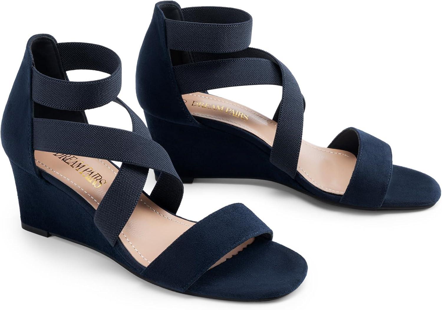 image:imageDREAM PAIRS Womens Elastic Ankle Strap Low Wedge Sandals Comfortable Dressy Heels for Summer Formal and Special OccasionsNavy