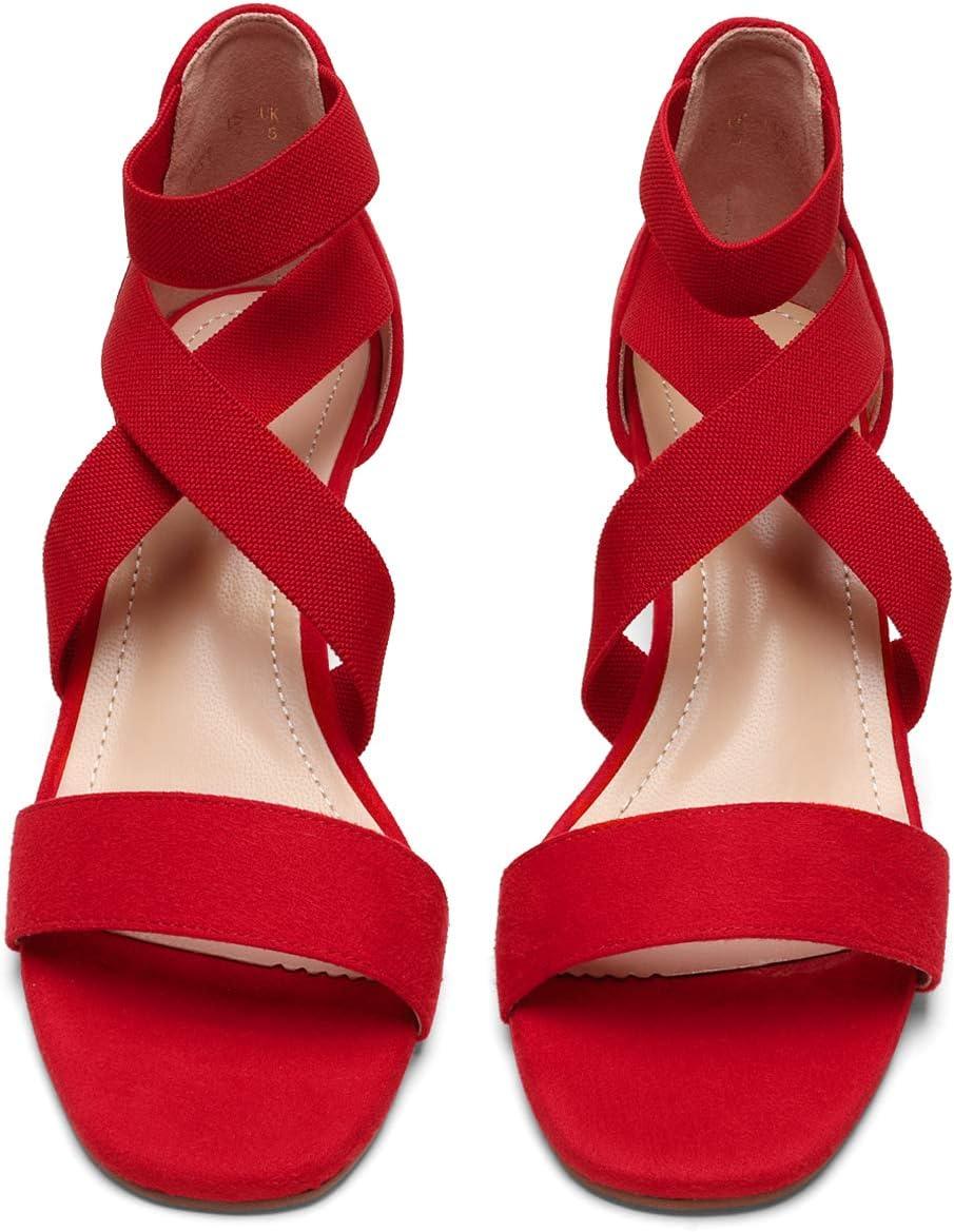 image:imageDREAM PAIRS Womens Elastic Ankle Strap Low Wedge Sandals Comfortable Dressy Heels for Summer Formal and Special OccasionsRed