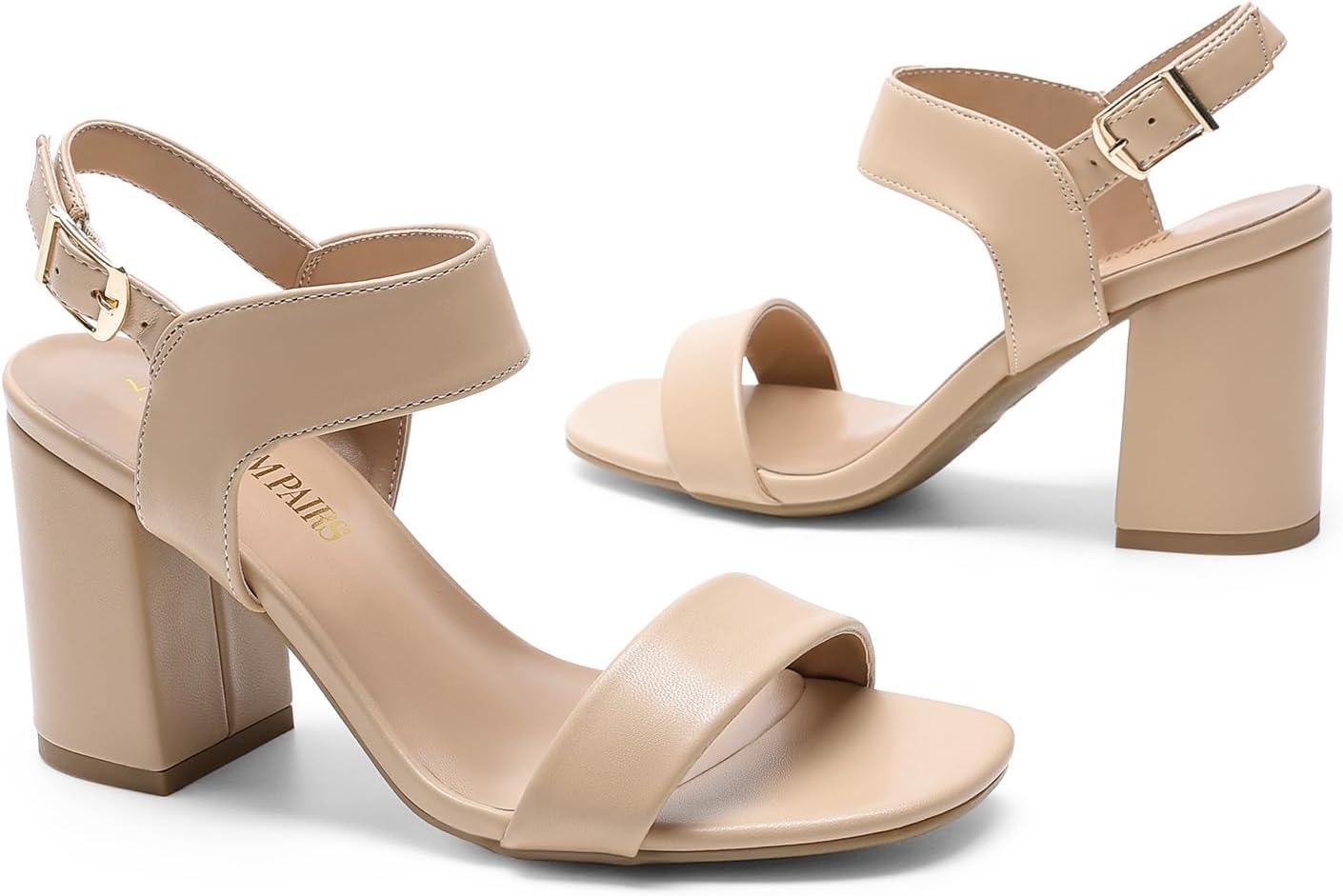 image:imageDREAM PAIRS Womens High Chunky Heels Square Toe Block Ankle Strap 3 inch Comfortable Heeled Sandals For Formal Wedding Party DressNude