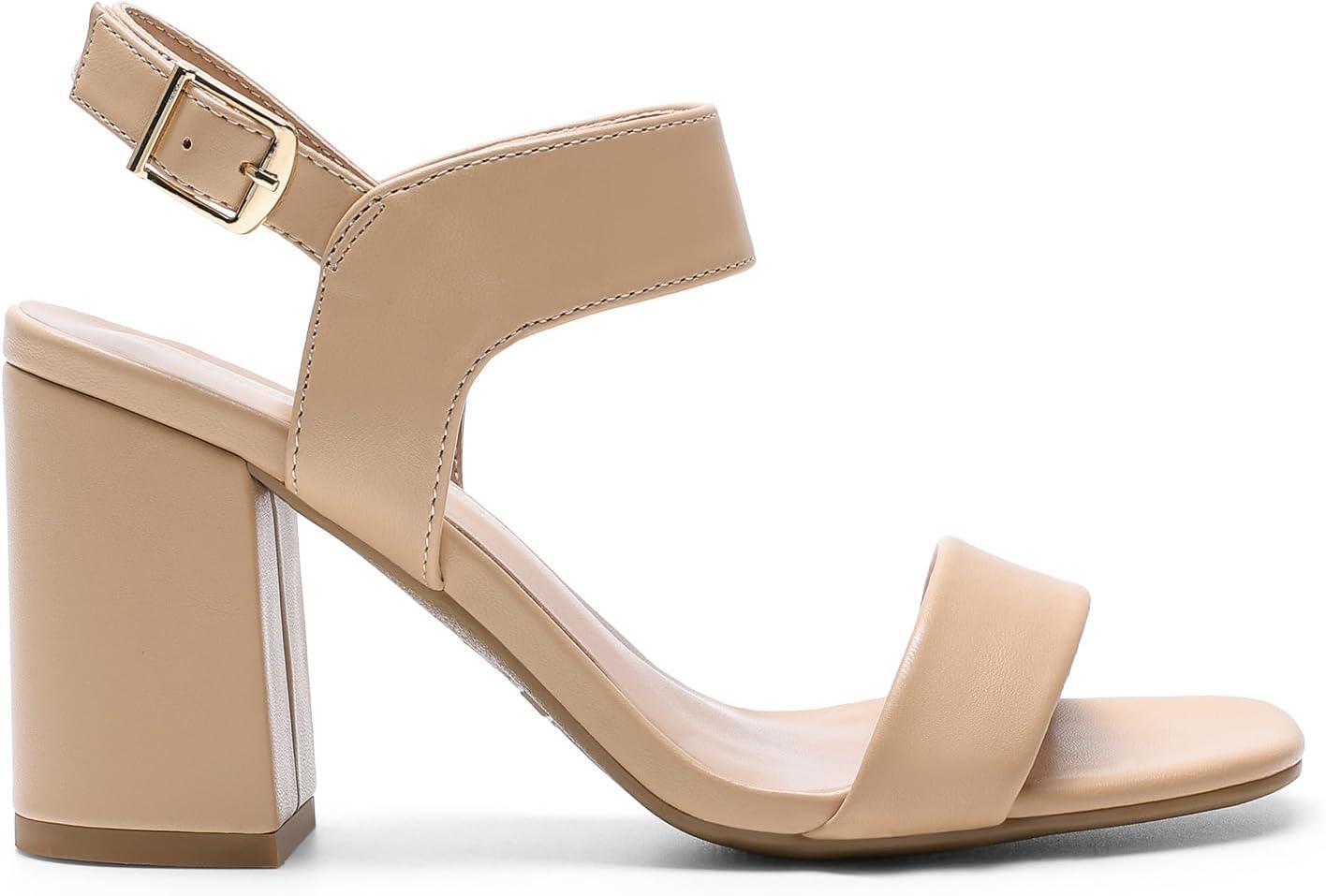 image:imageDREAM PAIRS Womens High Chunky Heels Square Toe Block Ankle Strap 3 inch Comfortable Heeled Sandals For Formal Wedding Party DressNude