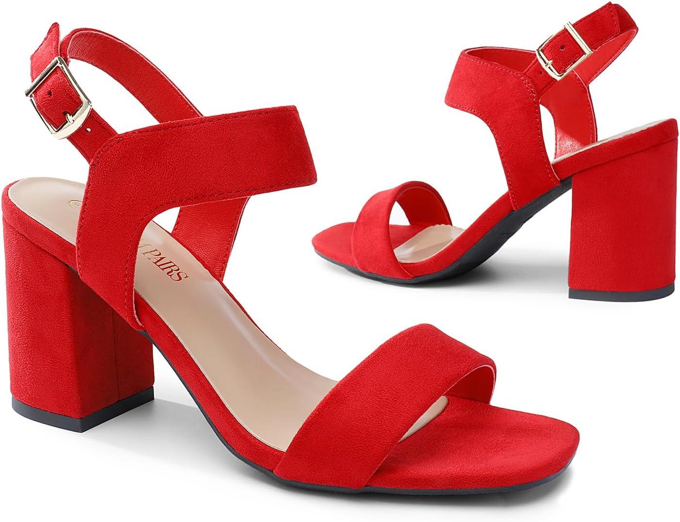 image:imageDREAM PAIRS Womens High Chunky Heels Square Toe Block Ankle Strap 3 inch Comfortable Heeled Sandals For Formal Wedding Party DressRedsuede