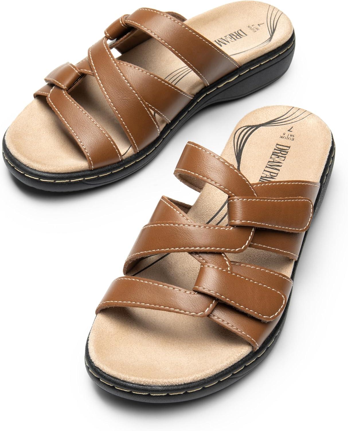 image:imageDREAM PAIRS Womens Slides Arch Support Slip on Flat Sandals Plantar Fasciitis Soft Cushion Slippers With Adjustable StrapsTan