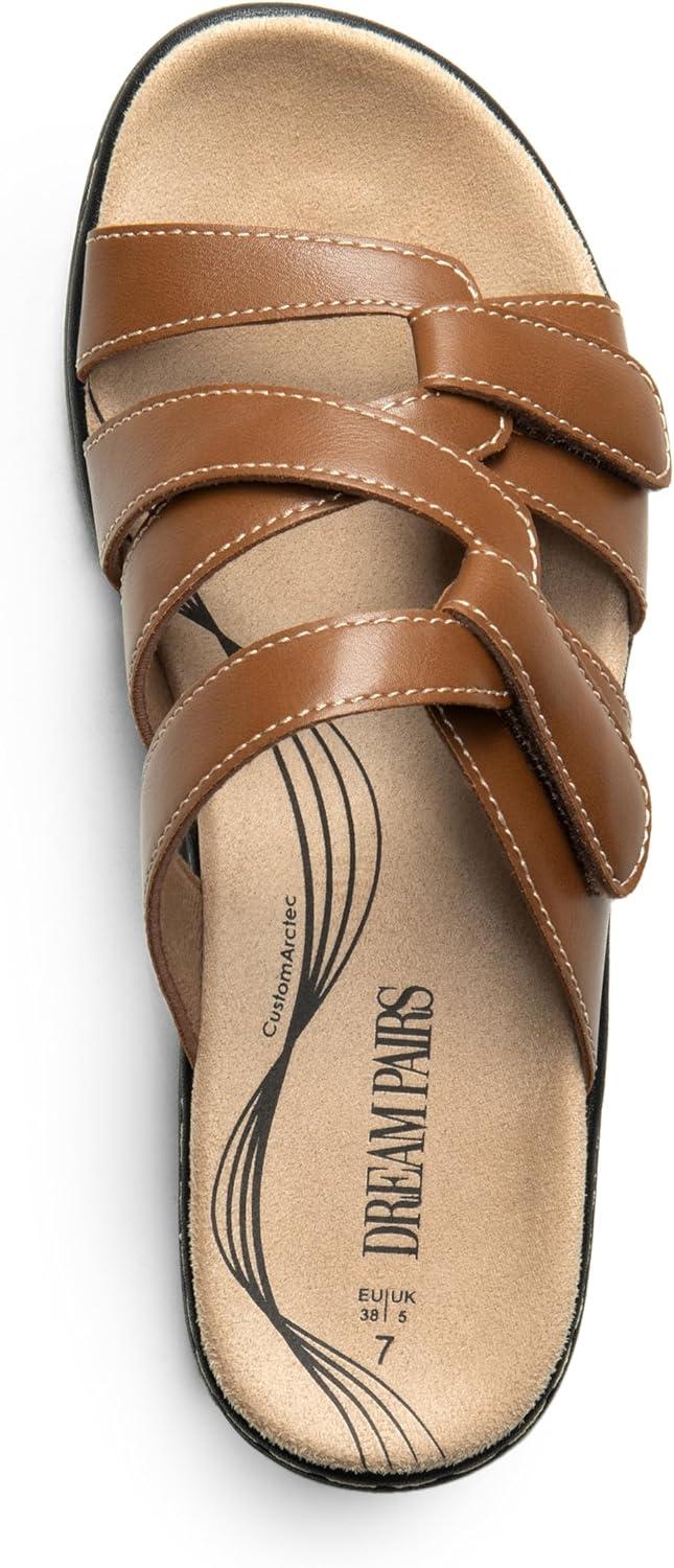 image:imageDREAM PAIRS Womens Slides Arch Support Slip on Flat Sandals Plantar Fasciitis Soft Cushion Slippers With Adjustable StrapsTan