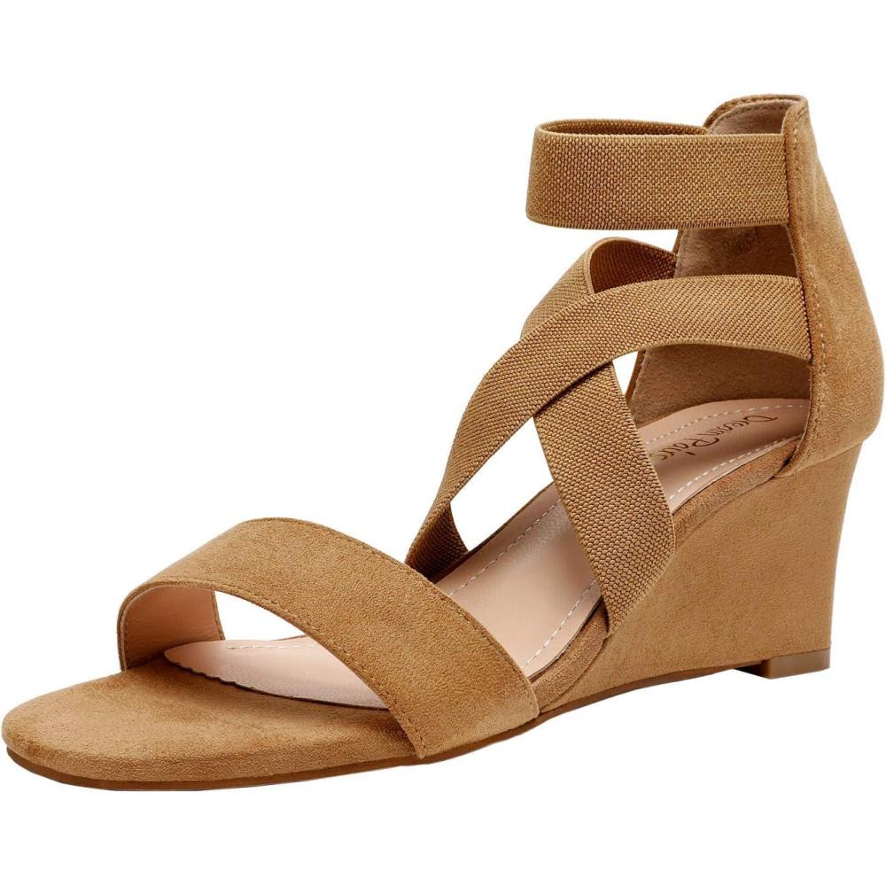 image:imageDREAM PAIRS Womens Elastic Ankle Strap Low Wedge Sandals Comfortable Dressy Heels for Summer Formal and Special OccasionsCamel