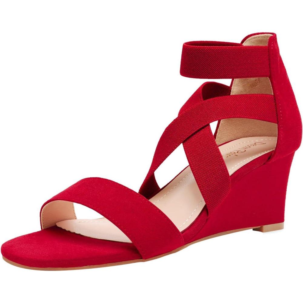 image:imageDREAM PAIRS Womens Elastic Ankle Strap Low Wedge Sandals Comfortable Dressy Heels for Summer Formal and Special OccasionsRed