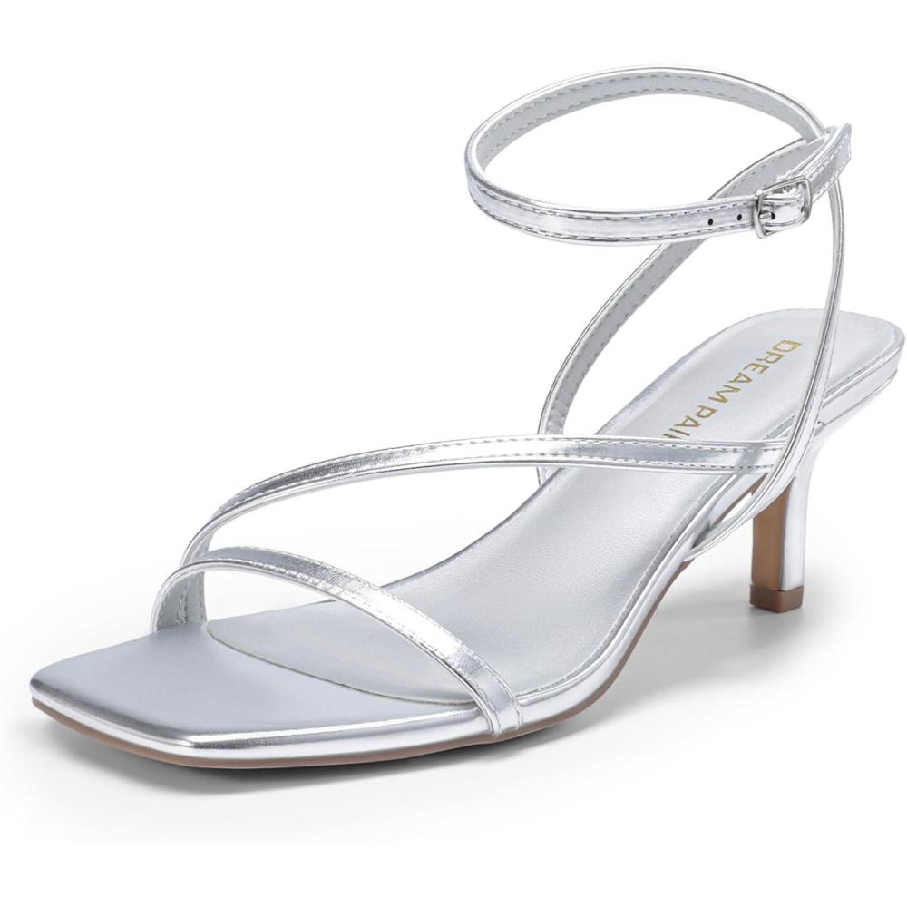 image:imageDREAM PAIRS Womens Low Kitten Heels Strappy Open Square Toe Ankle Strap Sexy Fashion Comfort Dress Shoes Party Heeled SandalsSilver