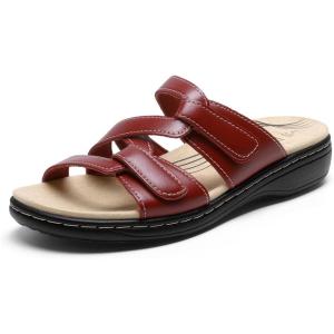 DREAM PAIRS Womens Slides Arch Support Slip on Flat Sandals Plantar Fasciitis Soft Cushion Slippers With Adjustable Straps(Red-pu)