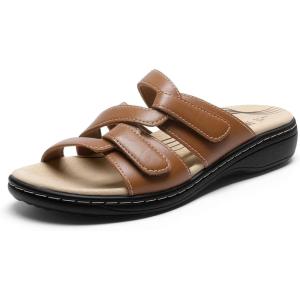 DREAM PAIRS Womens Slides Arch Support Slip on Flat Sandals Plantar Fasciitis Soft Cushion Slippers With Adjustable Straps(Tan)