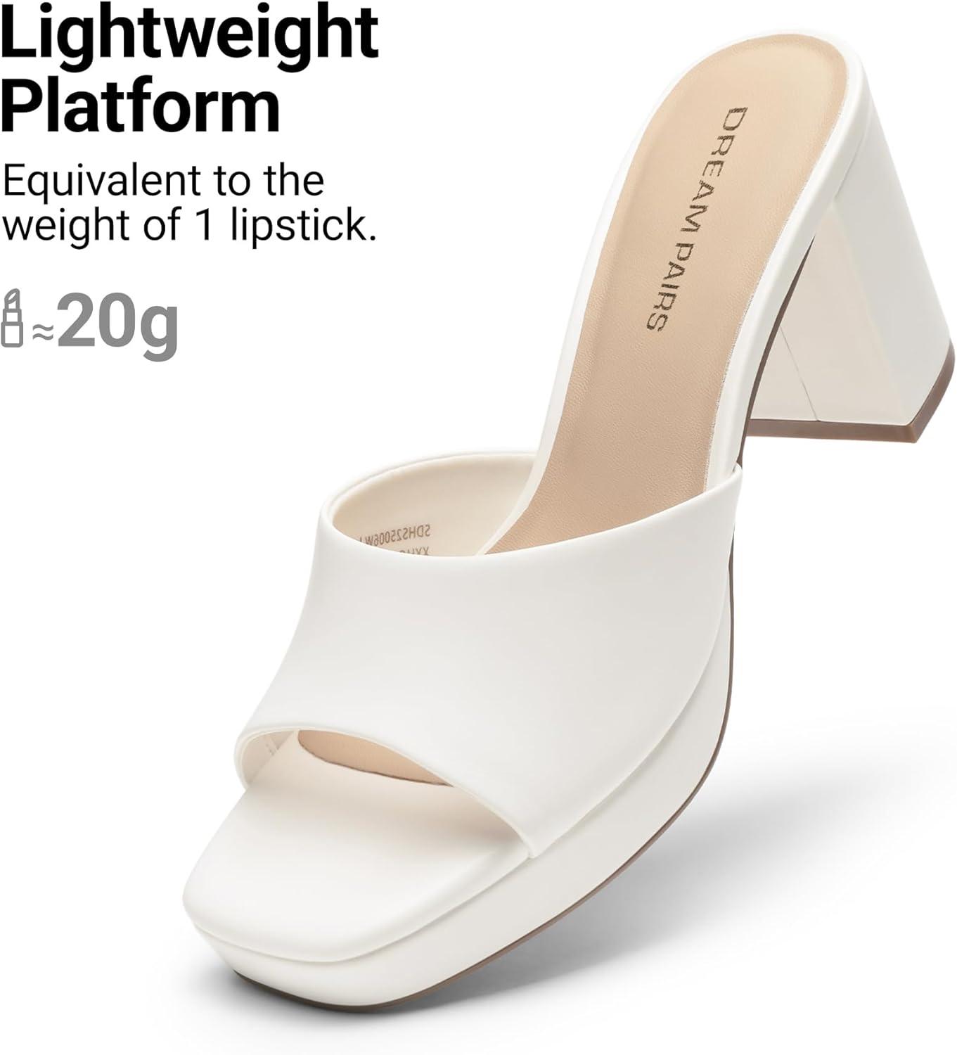 image:imageDREAM PAIRS Womens Platform Block Heel Mule Sandals Square Toe Ankle Strap Slip On Comfortable Heeled Sandals for Party Wedding ShoesWhite
