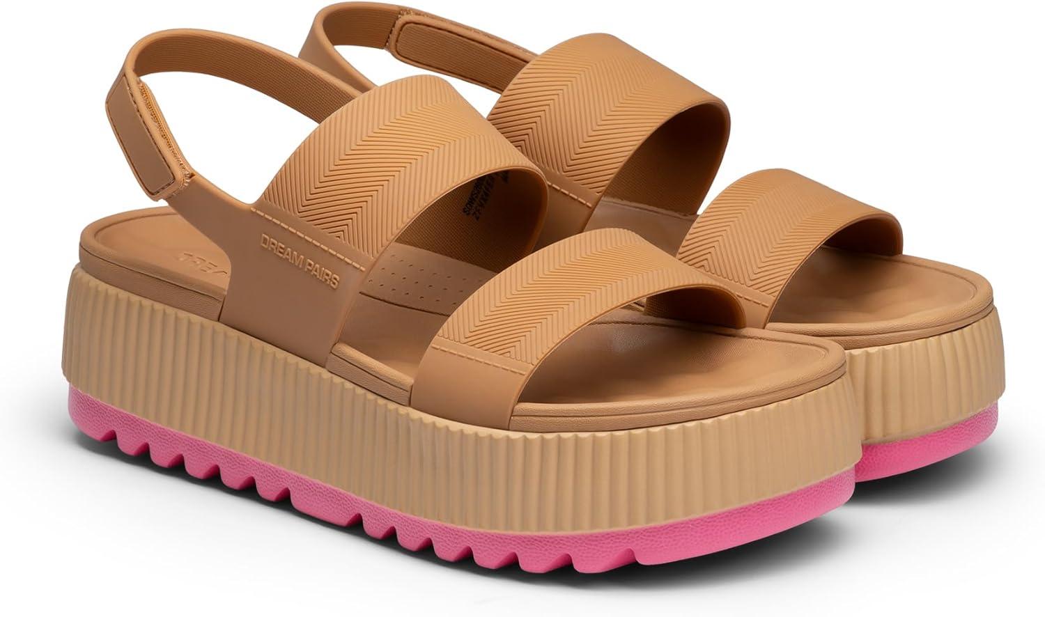 image:imageDREAM PAIRS Womens Platform Water Sandals Adjustable Lightweight Waterproof Summer Beach Wedge Chunky SandalsCamel