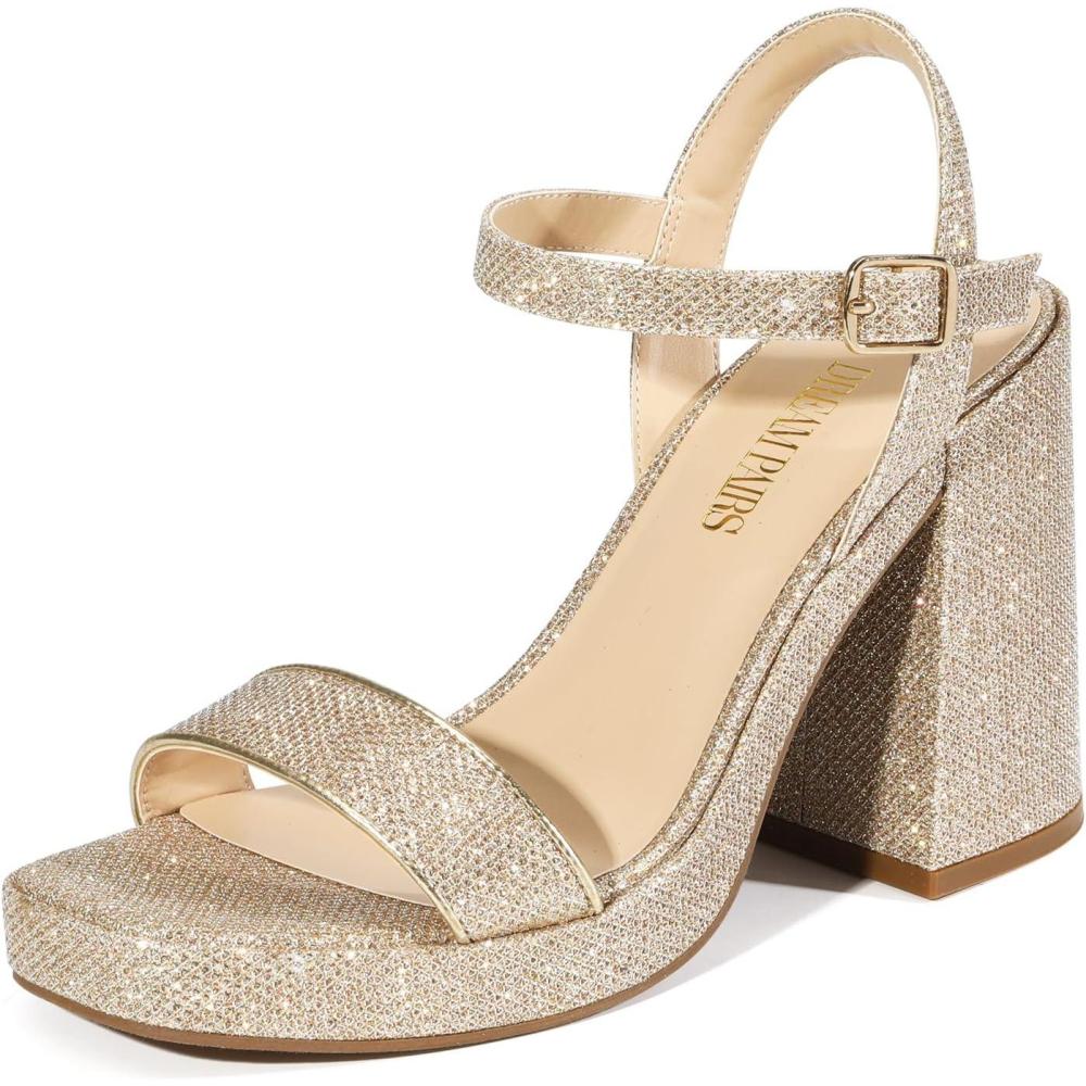 image:imageDREAM PAIRS Heels for Women Block Chunky Platform High Heels Open Toe Fashion Wedding Party Evening Prom Dance Ankle Strap Dress Pump Sandals ShoesGoldglitter