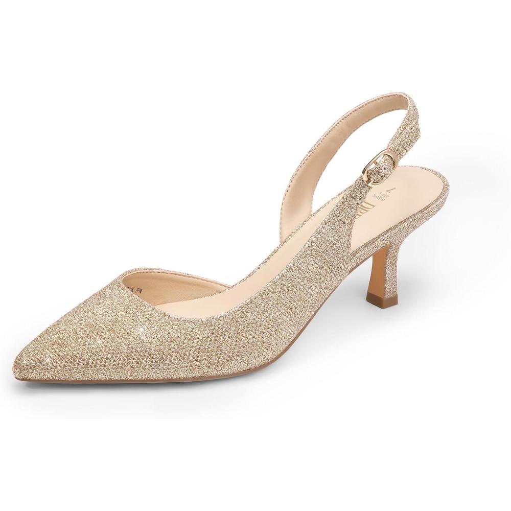 image:imageDREAM PAIRS Womens Kitten Heels Slingback Closed Pointed Toe Low Pumps Shoes Women Party Wedding Sexy Casual Dress ShoesGoldglitter