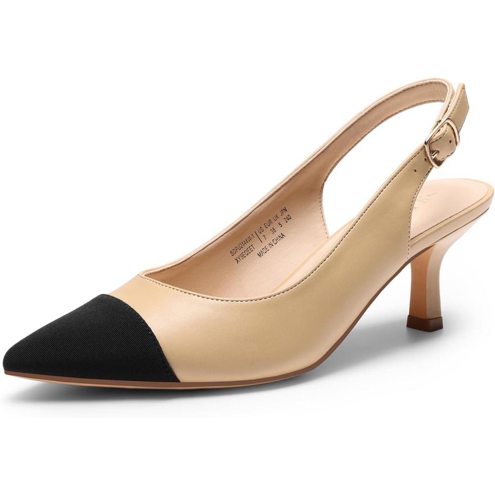 image:imageDREAM PAIRS Womens Kitten Heels Slingback Closed Pointed Toe Low Pumps Shoes Women Party Wedding Sexy Casual Dress ShoesNudeBlack