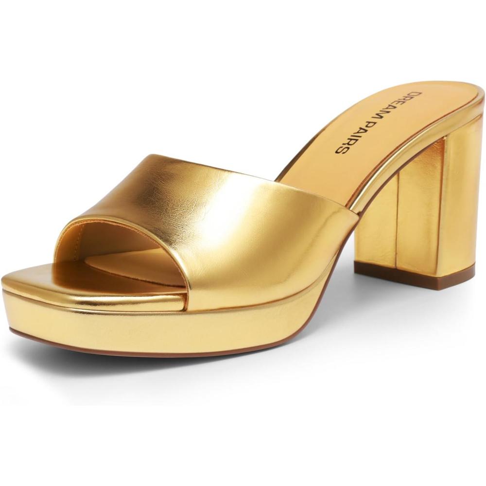image:imageDREAM PAIRS Womens Platform Block Heel Mule Sandals Square Toe Ankle Strap Slip On Comfortable Heeled Sandals for Party Wedding ShoesGold
