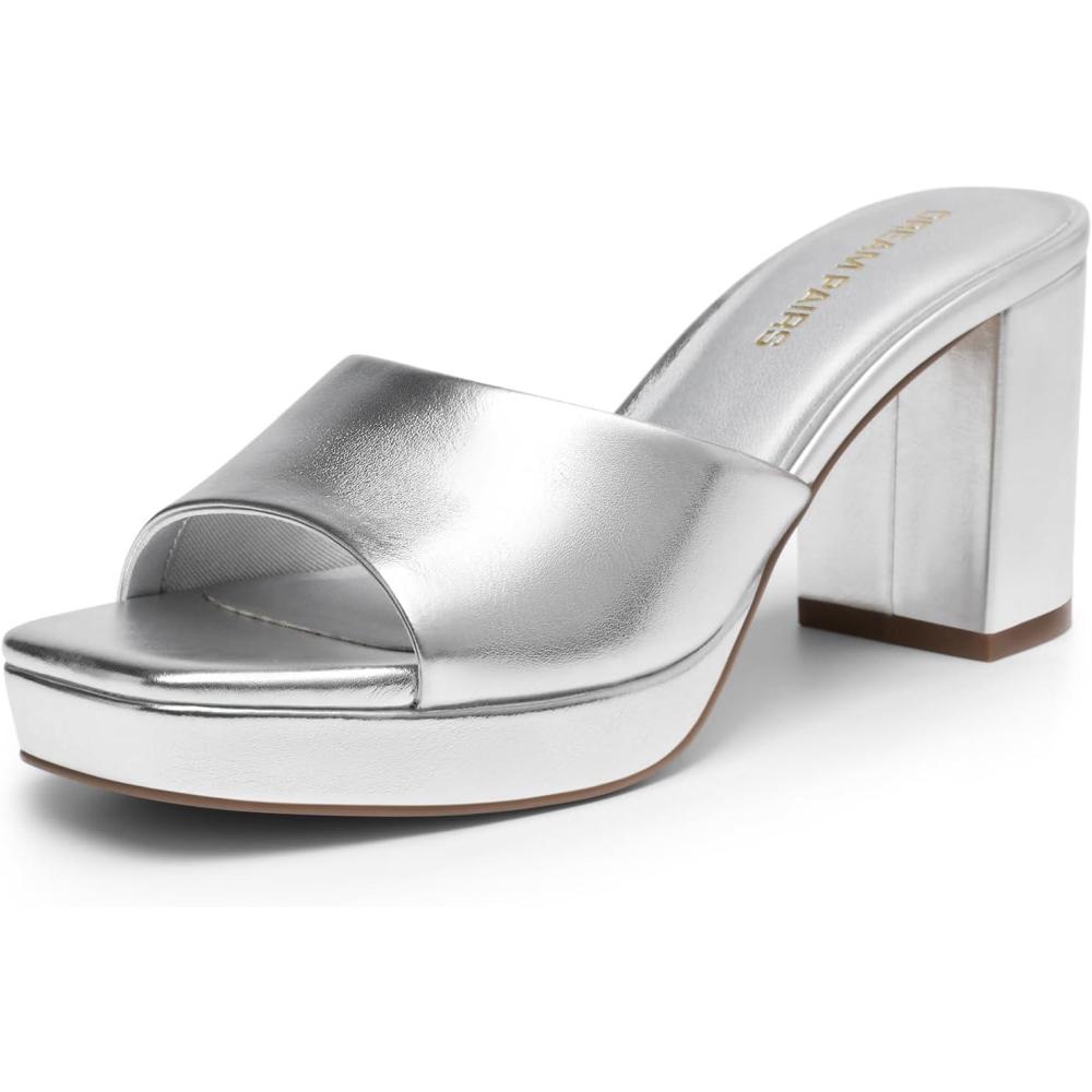 image:imageDREAM PAIRS Womens Platform Block Heel Mule Sandals Square Toe Ankle Strap Slip On Comfortable Heeled Sandals for Party Wedding ShoesSilver