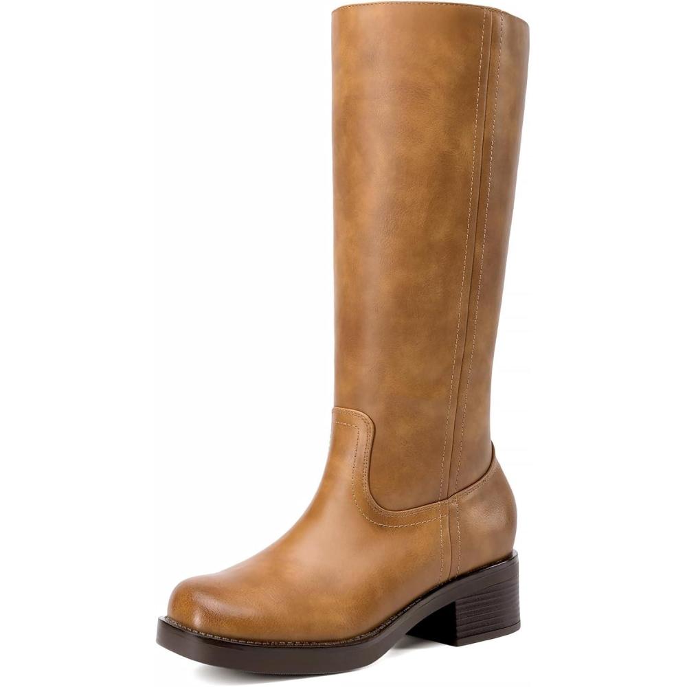 image:imageDREAM PAIRS Womens Square Toe Platform Chunky Block Heel Knee High Riding BootsTan