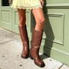 DREAM PAIRS Women’s Square Toe Platform Chunky Block Heel Knee High Riding Boots(Light Brown)