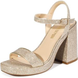 DREAM PAIRS Heels for Women Block Chunky Platform High Heels Open Toe Fashion Wedding Party Evening Prom Dance Ankle Strap Dress Pump Sandals Shoes(Gold-glitter)