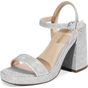 DREAM PAIRS Heels for Women Block Chunky Platform High Heels Open Toe Fashion Wedding Party Evening Prom Dance Ankle Strap Dress Pump Sandals Shoes(Silver-glitter)