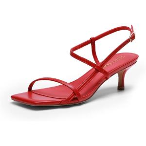DREAM PAIRS Women’s Low Kitten Heels Square Open Toe Ankle Strap Party Wedding Dressy 2.16 Inch 2026SS Sandals Shoes With Quiet Heel Cap(Red)