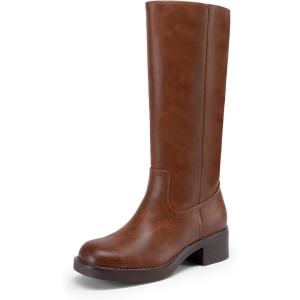DREAM PAIRS Women’s Square Toe Platform Chunky Block Heel Knee High Riding Boots(Light Brown)