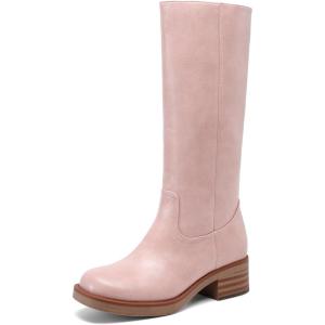 DREAM PAIRS Women’s Square Toe Platform Chunky Block Heel Knee High Riding Boots(Pink)