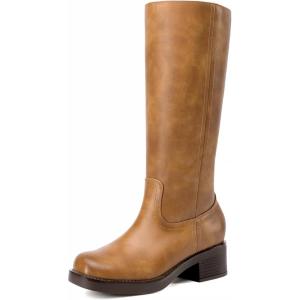 DREAM PAIRS Women’s Square Toe Platform Chunky Block Heel Knee High Riding Boots(Tan)