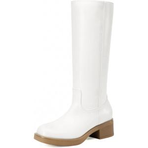 DREAM PAIRS Women’s Square Toe Platform Chunky Block Heel Knee High Riding Boots(White)