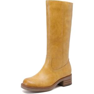 DREAM PAIRS Women’s Square Toe Platform Chunky Block Heel Knee High Riding Boots(Yellow)