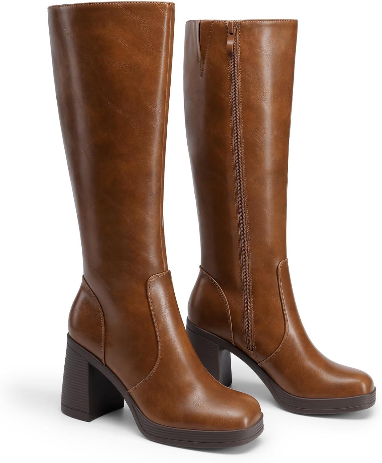 image:imageDREAM PAIRS Knee High Boots for Women Platform Square Toe Chunky Block Heeled Stylish Comfortable Tall Boots with Side ZipperLight Brown