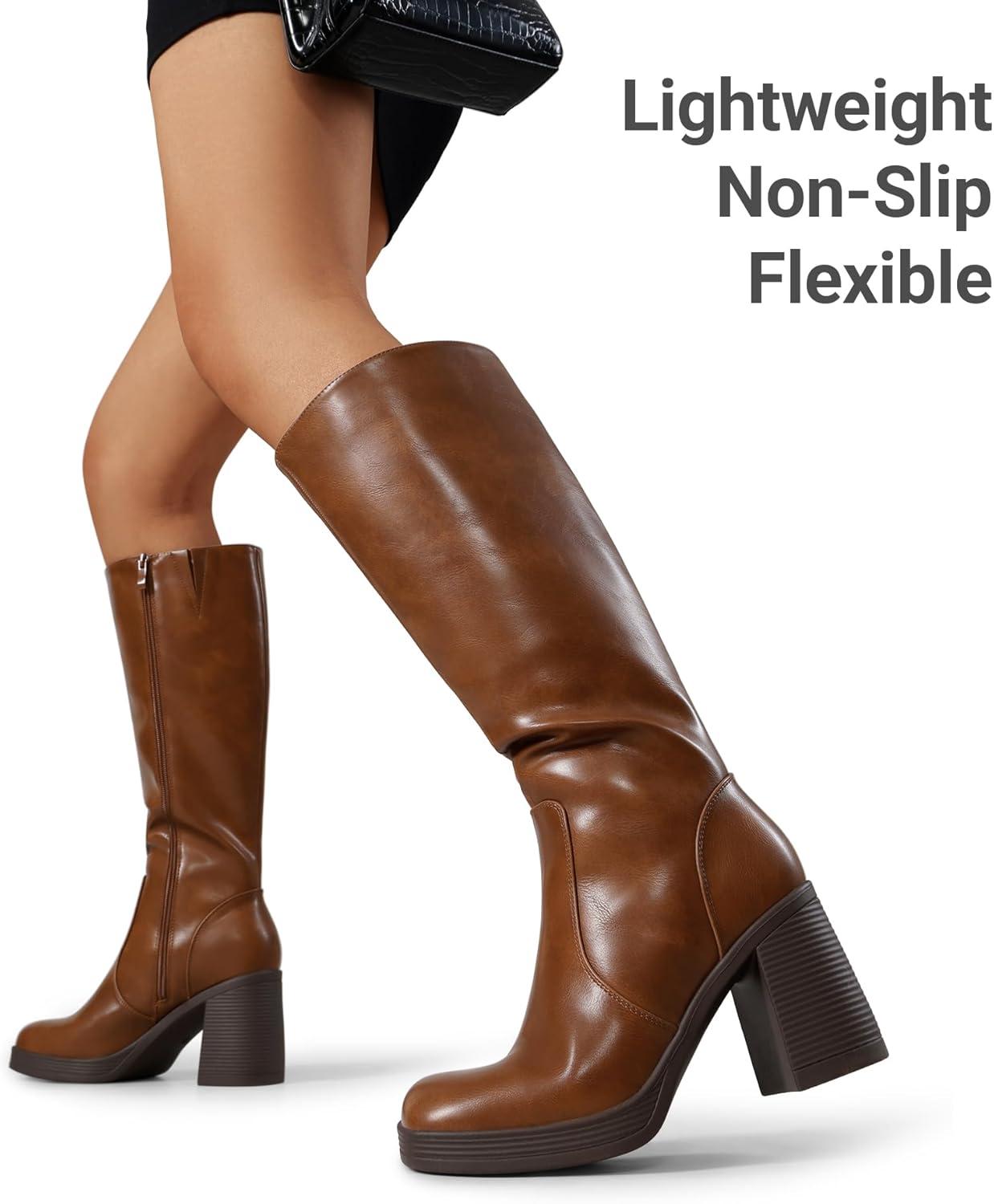 image:imageDREAM PAIRS Knee High Boots for Women Platform Square Toe Chunky Block Heeled Stylish Comfortable Tall Boots with Side ZipperLight Brown