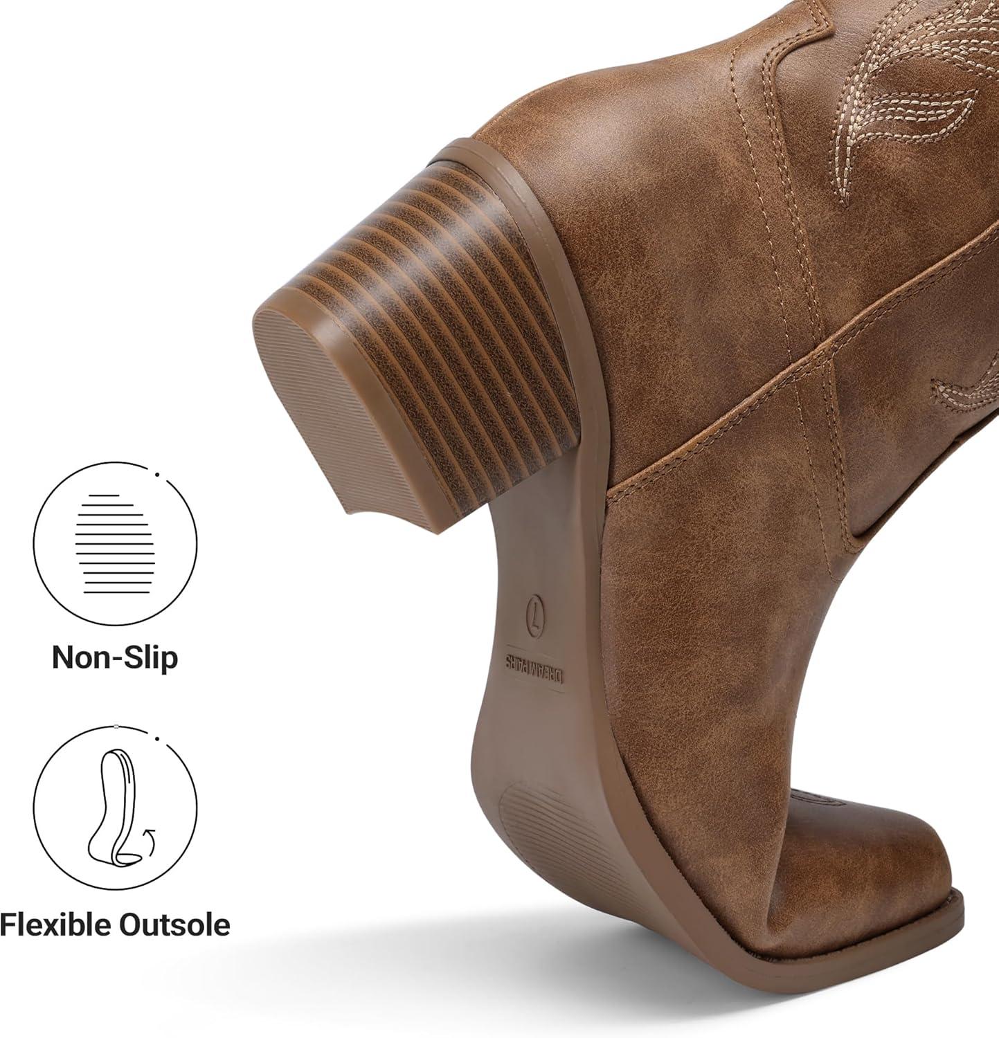 image:imageDREAM PAIRS Womens Cowboy Boots Western Comfortable Chunky Heel Square Toe Embroidered Cowgirl Knee High BootsBrown