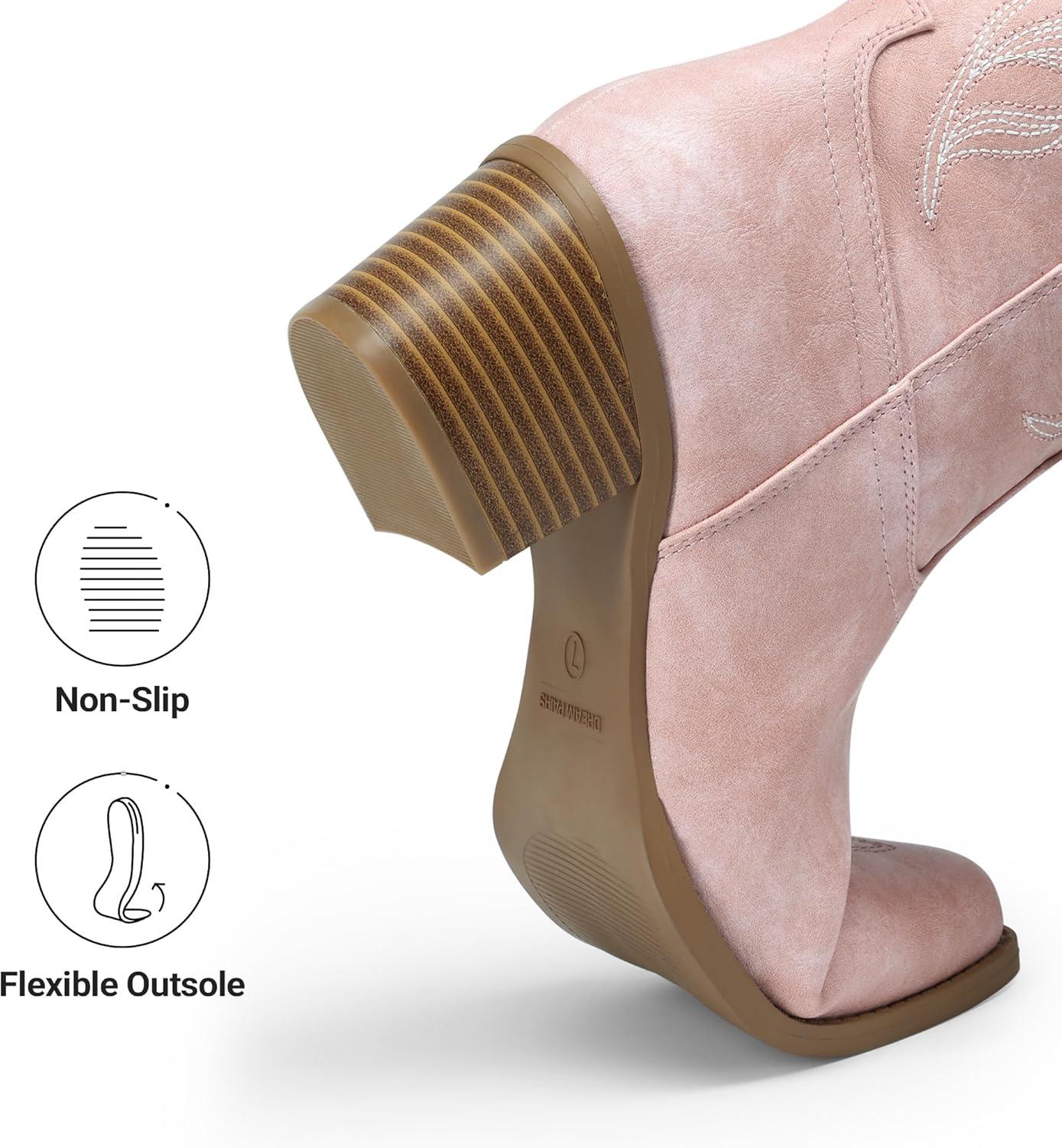 image:imageDREAM PAIRS Womens Cowboy Boots Western Comfortable Chunky Heel Square Toe Embroidered Cowgirl Knee High BootsLight Pink