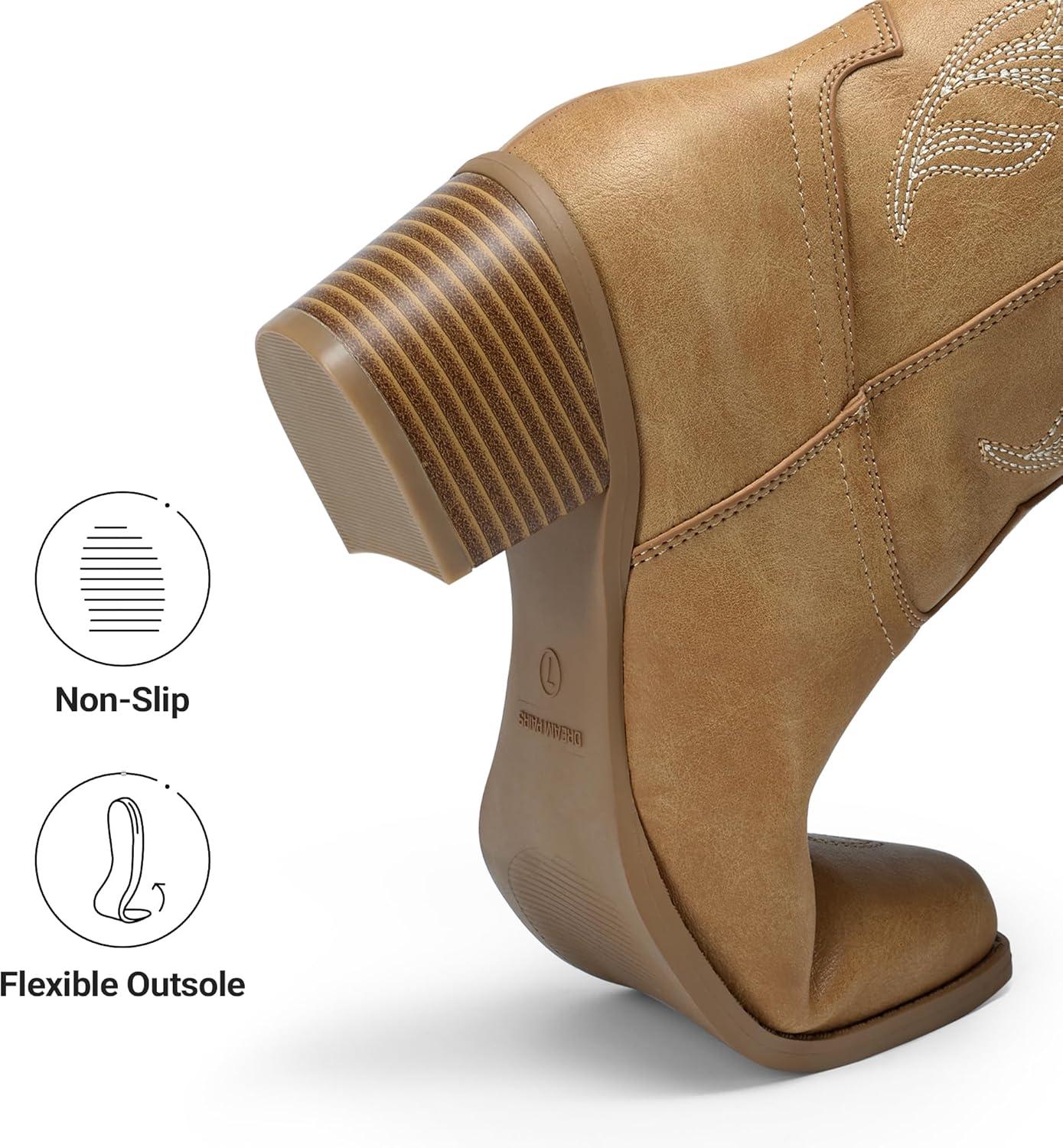 image:imageDREAM PAIRS Womens Cowboy Boots Western Comfortable Chunky Heel Square Toe Embroidered Cowgirl Knee High BootsTan