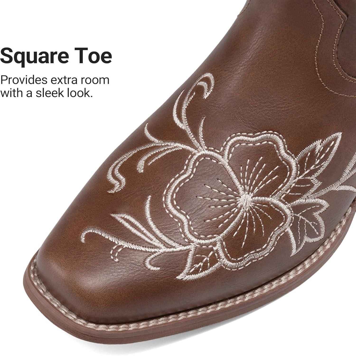 image:imageDREAM PAIRS Womens Western Cowboy Boots Square Toe Embroidered Mid Calf Boots Western Chunky Low Heel for Country Music Festivals Theme Party and ConcertBrown