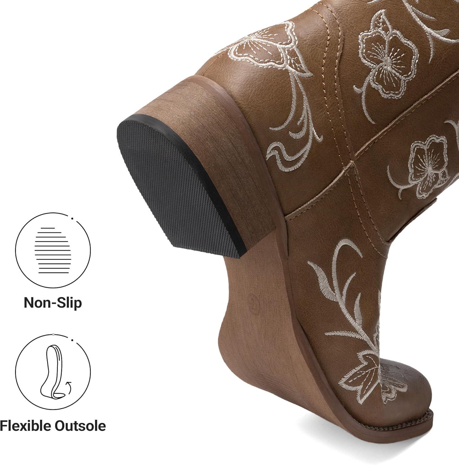 image:imageDREAM PAIRS Womens Western Cowboy Boots Square Toe Embroidered Mid Calf Boots Western Chunky Low Heel for Country Music Festivals Theme Party and ConcertTan