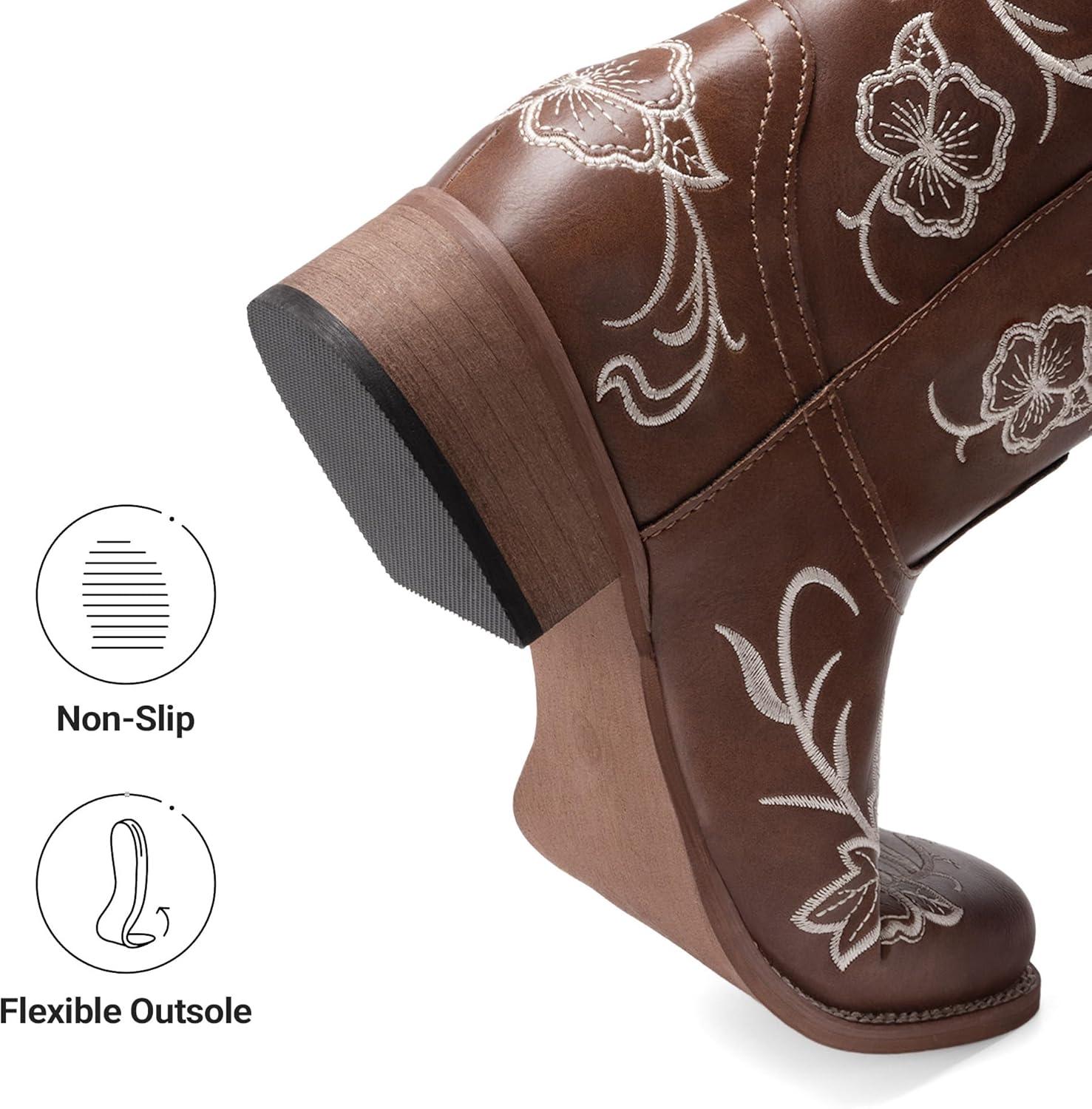 image:imageDREAM PAIRS Womens Western Cowboy Boots Square Toe Embroidered Mid Calf Boots Western Chunky Low Heel for Country Music Festivals Theme Party and ConcertBrown