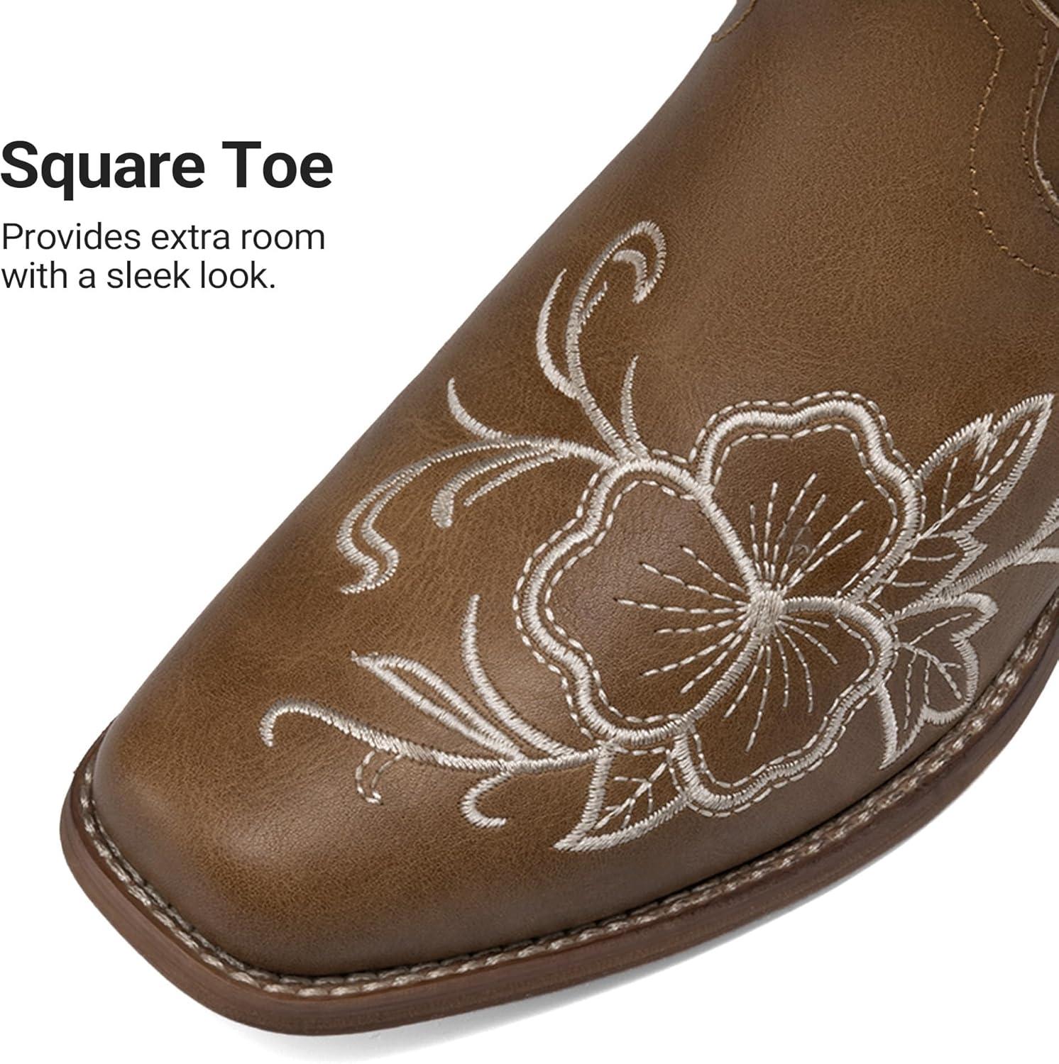 image:imageDREAM PAIRS Womens Western Cowboy Boots Square Toe Embroidered Mid Calf Boots Western Chunky Low Heel for Country Music Festivals Theme Party and ConcertTan