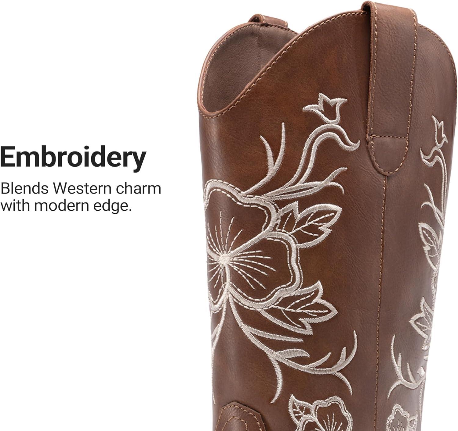 image:imageDREAM PAIRS Womens Western Cowboy Boots Square Toe Embroidered Mid Calf Boots Western Chunky Low Heel for Country Music Festivals Theme Party and ConcertBrown