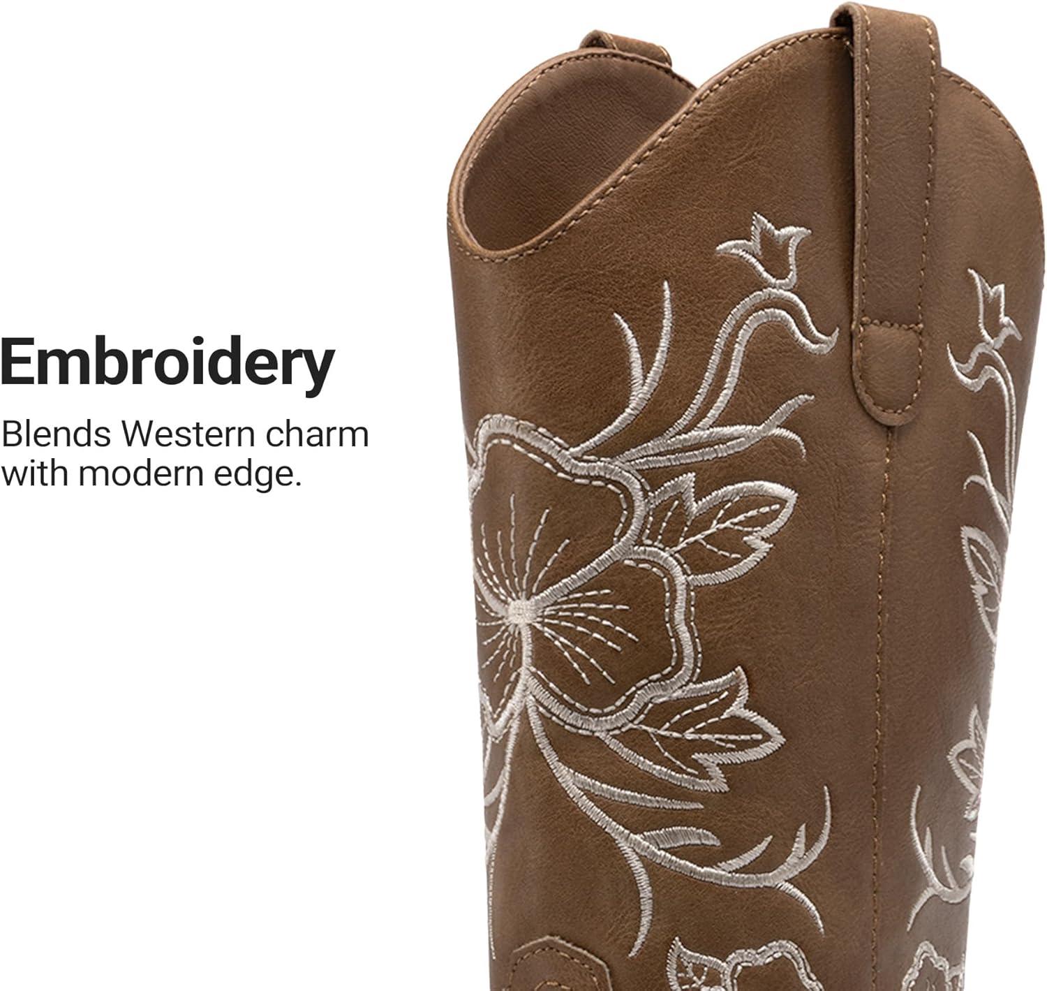 image:imageDREAM PAIRS Womens Western Cowboy Boots Square Toe Embroidered Mid Calf Boots Western Chunky Low Heel for Country Music Festivals Theme Party and ConcertTan