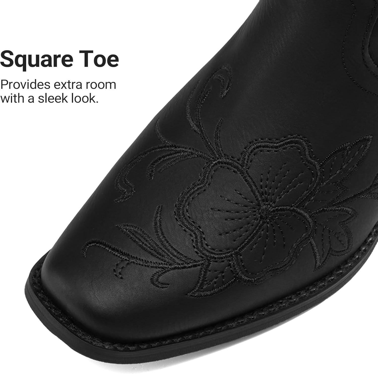 image:imageDREAM PAIRS Womens Western Cowboy Boots Square Toe Embroidered Mid Calf Boots Western Chunky Low Heel for Country Music Festivals Theme Party and ConcertAll Black