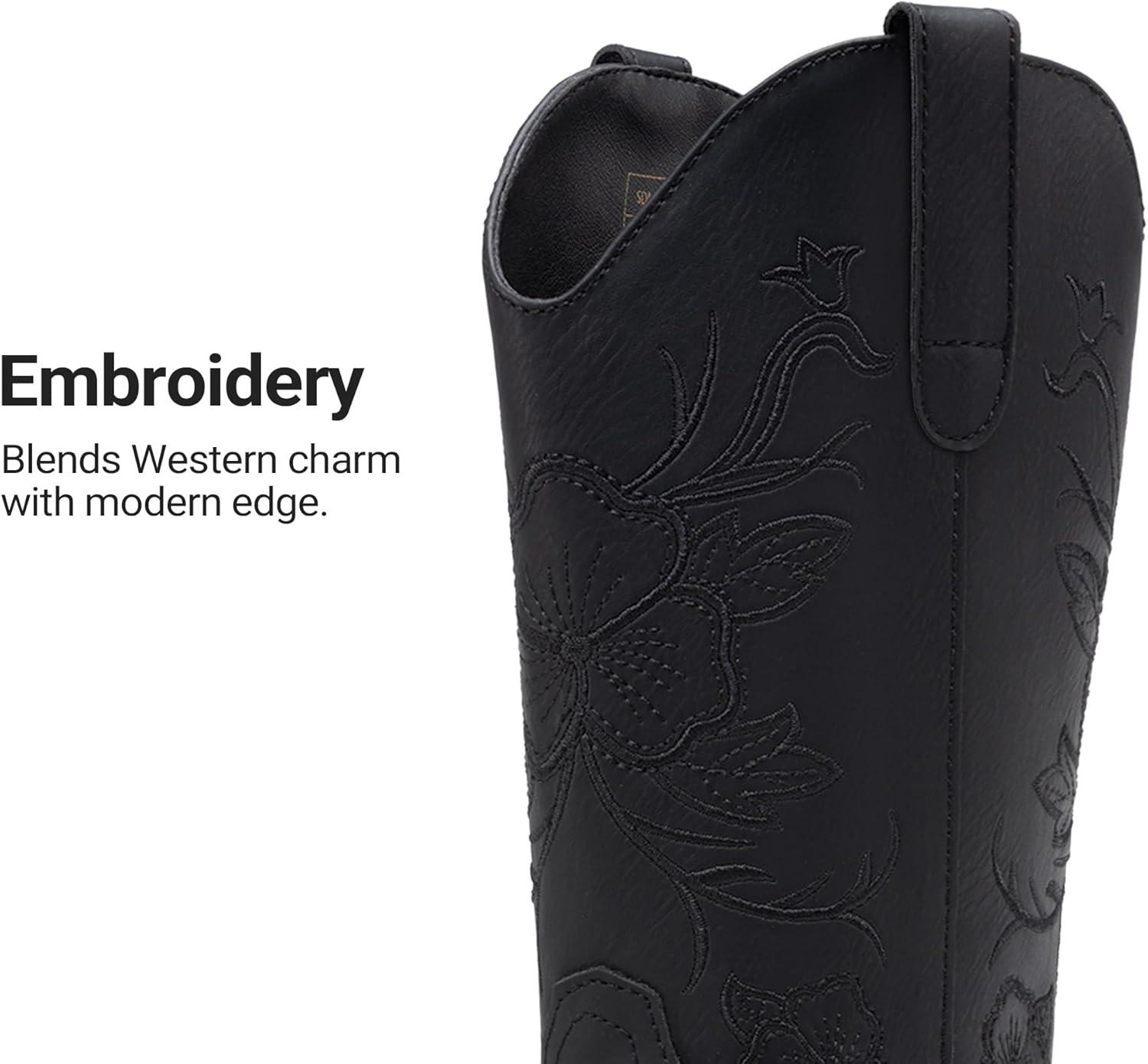 image:imageDREAM PAIRS Womens Western Cowboy Boots Square Toe Embroidered Mid Calf Boots Western Chunky Low Heel for Country Music Festivals Theme Party and ConcertAll Black