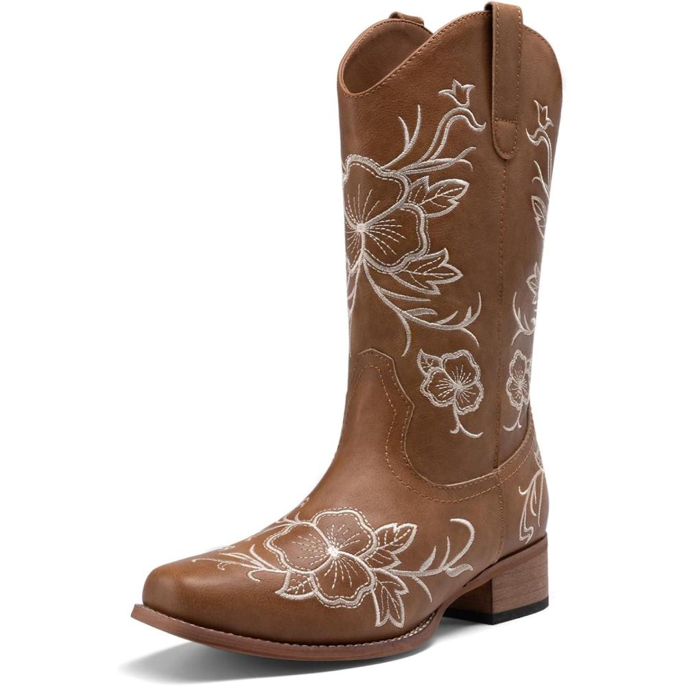 image:imageDREAM PAIRS Womens Western Cowboy Boots Square Toe Embroidered Mid Calf Boots Western Chunky Low Heel for Country Music Festivals Theme Party and ConcertTan