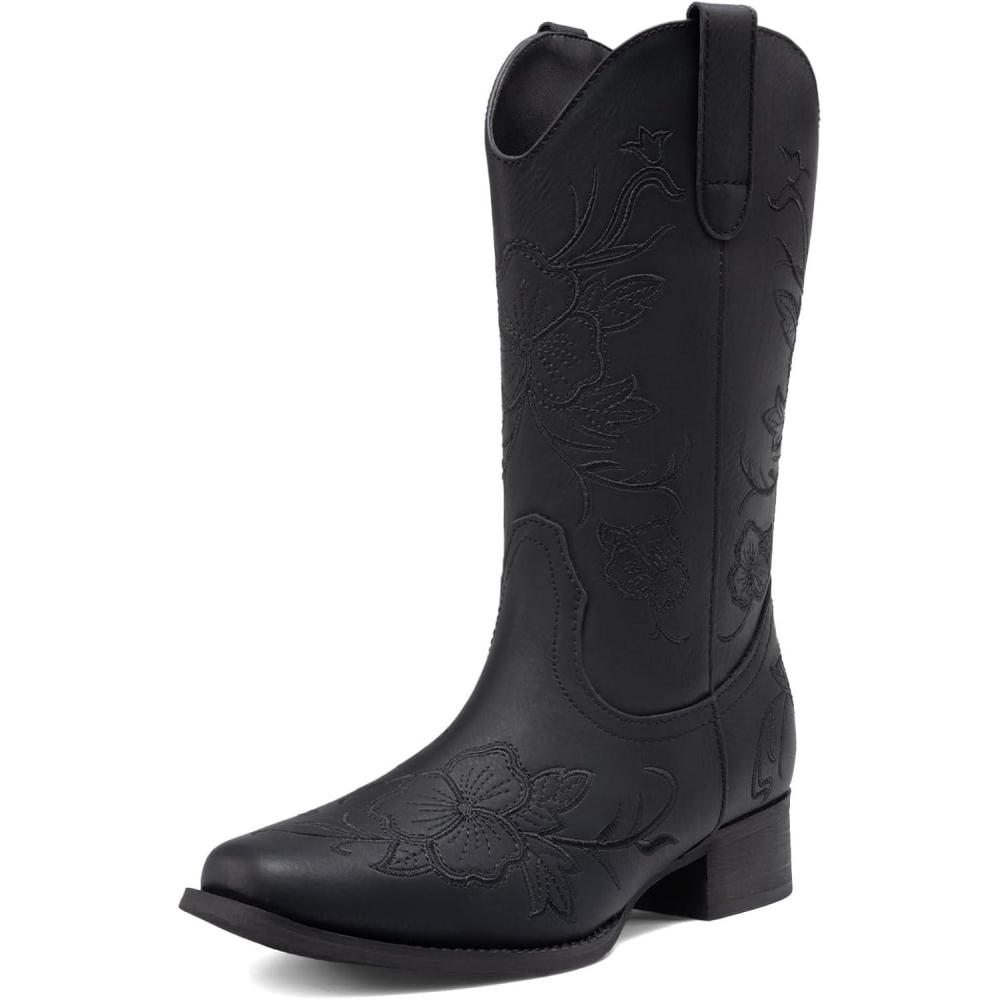 image:imageDREAM PAIRS Womens Western Cowboy Boots Square Toe Embroidered Mid Calf Boots Western Chunky Low Heel for Country Music Festivals Theme Party and ConcertAll Black