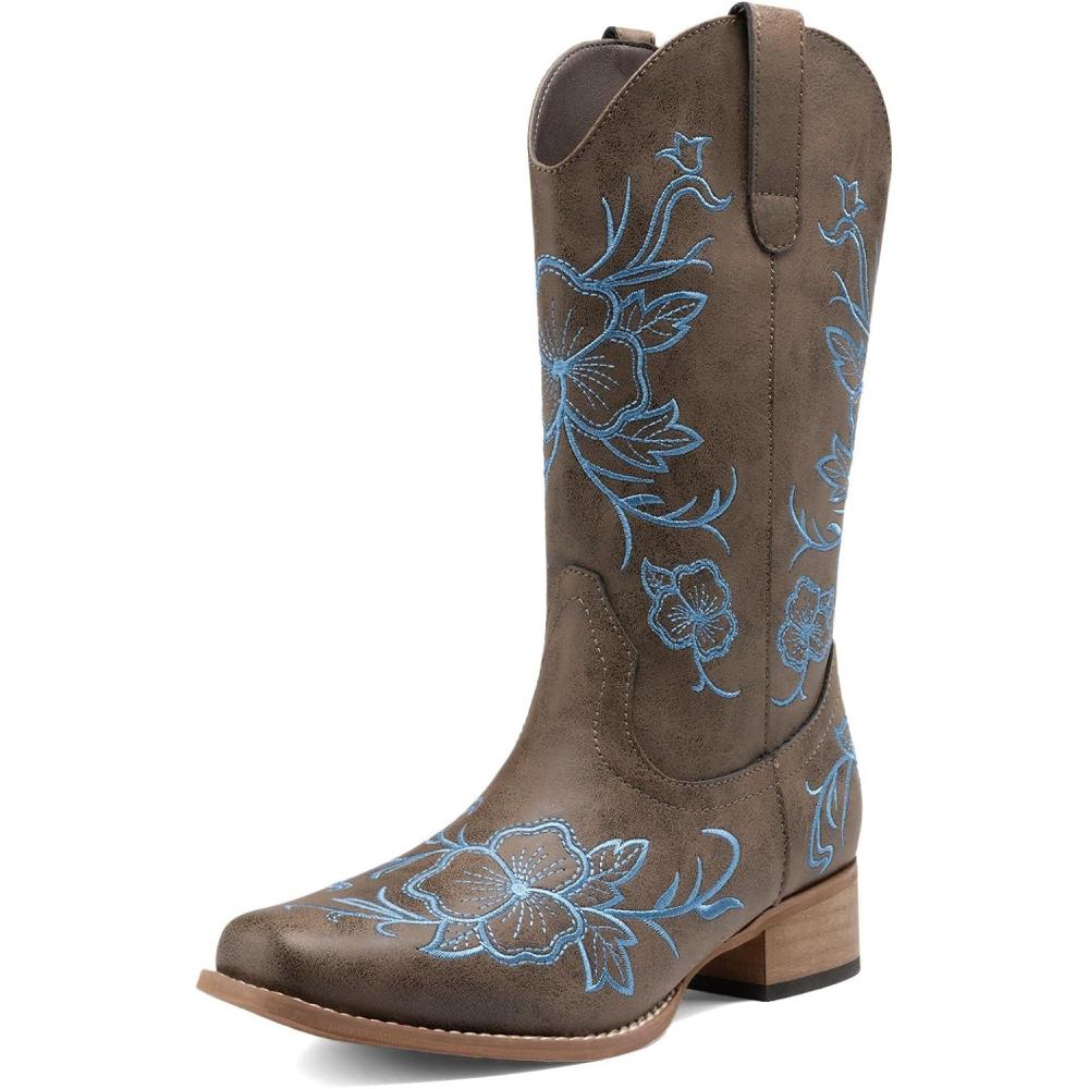 image:imageDREAM PAIRS Womens Western Cowboy Boots Square Toe Embroidered Mid Calf Boots Western Chunky Low Heel for Country Music Festivals Theme Party and ConcertDark Brown