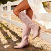 DREAM PAIRS Womens Cowboy Boots Western Comfortable Chunky Heel Square Toe Embroidered Cowgirl Knee High Boots(Light Pink)