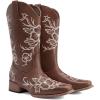 DREAM PAIRS Women’s Western Cowboy Boots Square Toe Embroidered Mid Calf Boots Western Chunky Low Heel for Country Music Festivals Theme Party and Concert(Brown)