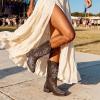 DREAM PAIRS Women’s Western Cowboy Boots Square Toe Embroidered Mid Calf Boots Western Chunky Low Heel for Country Music Festivals Theme Party and Concert(Brown)