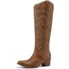 DREAM PAIRS Womens Cowboy Boots Western Comfortable Chunky Heel Square Toe Embroidered Cowgirl Knee High Boots(Brown)